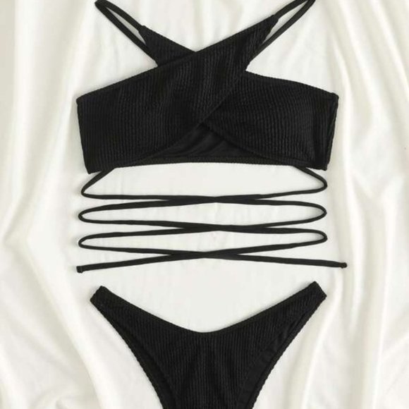 BOHO Criss Cross Halter style ribbed Bikini 2 piece Swimsuit BLACK - Picture 3 of 5